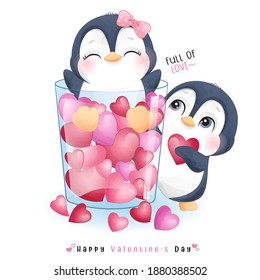 Cute doodle penguin for valentine’s day