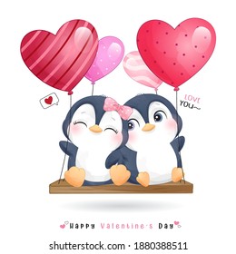 Cute doodle penguin for valentine’s day