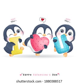 Pingüino de doodle lindo para el día de San Valentín