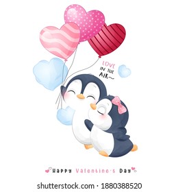 Cute doodle penguin for valentine’s day