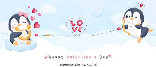 Cute doodle penguin for valentine’s day collection