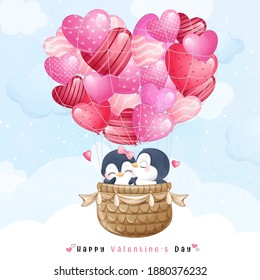 Cute doodle penguin flying with air balloon for valentine’s day