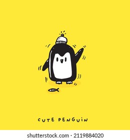 Cute doodle penguin , Hand drawn of penguin ,Hand drawing penguin,  isolated on yellow background, vector illustration, cute animal 
