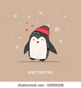 Cute doodle penguin with hat - Merry Christmas greetings