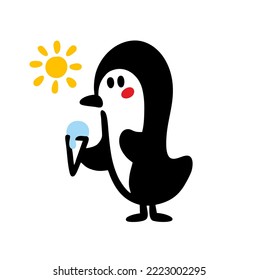 Cute doodle penguin with ice cream under the hot sun. Funny south polar bird vector illustration.