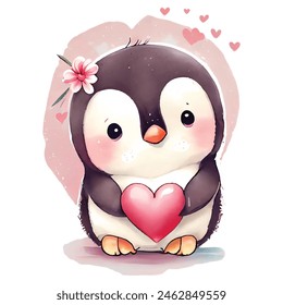 Cute doodle penguin with little heart for valentine's day or Love Themed doodle penguin. lovers day. Cute Baby Animals Valentine's Day. Vector illustration.