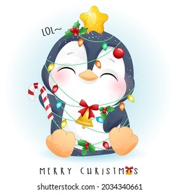 Cute doodle penguin for merry christmas with watercolor illustration