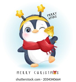 Cute doodle penguin for merry christmas with watercolor illustration