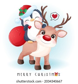 Cute doodle penguin for merry christmas with watercolor illustration