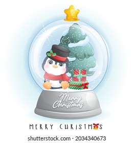 Cute doodle penguin for merry christmas with watercolor illustration