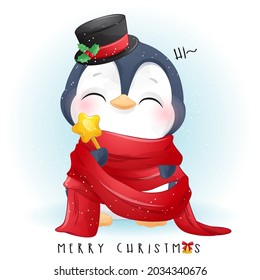 Cute Doodle Penguin For Merry Christmas With Watercolor Illustration