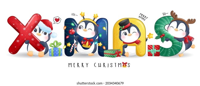 Cute Doodle Penguin For Merry Christmas With Watercolor Illustration