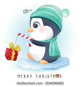 Cute doodle penguin for merry christmas with watercolor illustration