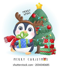 Cute Doodle Penguin For Merry Christmas With Watercolor Illustration