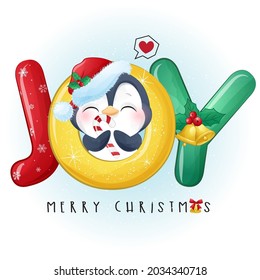 Cute doodle penguin for merry christmas with watercolor illustration
