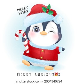 Cute doodle penguin for merry christmas with watercolor illustration