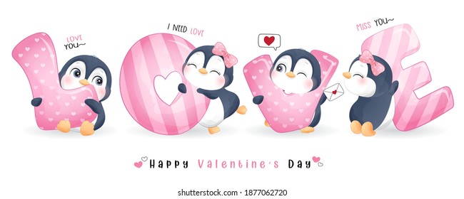 Cute doodle penguin for valentine's day collection