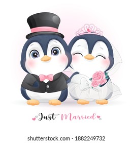 Cute doodle penguin with wedding clothes for valentine’s day