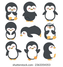 cute doodle penguins cartoon set