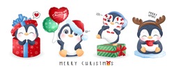 Cute Doodle Penguins Set For Christmas Day With Watercolor Illustration