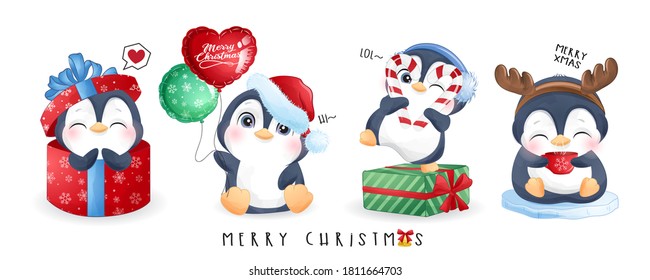 Cute Doodle Penguins Set For Christmas Day With Watercolor Illustration