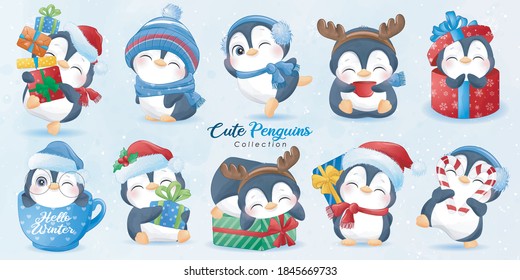 Cute doodle penguins set for christmas day with watercolor illustration