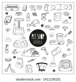 Cute doodle Pet shop icons. Cat and dog accessories and stuff in a hand-drawn style. Black Vector outline silhouette isolated on white background