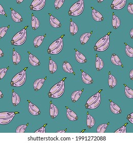 cute doodle picture of garlic seamless pattern on blue background