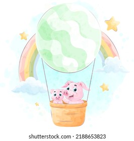 Cute doodle Pig riding a hot air balloon with watercolor illustration