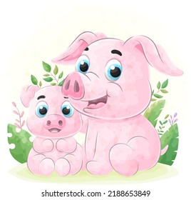 Cute doodle Pig with watercolor illustration