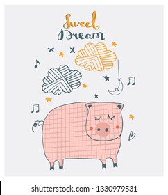 Cute doodle piggy dreaming.cartoon hand drawn vector illustration. Can be used for baby t-shirt print, fashion print design, kids wear, baby shower celebration greeting and invitation card