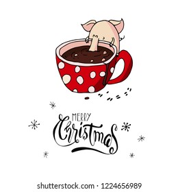 Cute doodle piggy drining hot cacao from big potted cup. Symbol of 2019 year. Merry Christmas. Christmas calligraphy. Hand written modern brush lettering. Hand drawn design elements. Festive card. 