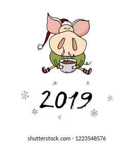 Cute doodle piggy drinking hot chocolate. Symbol of 2019 year. Winter holidays. Christmas time. New year calligraphy. Hand written modern brush lettering. Hand drawn design elements. Festive card.