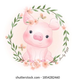 Cute doodle piggy with floral illustration