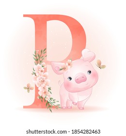 Cute doodle piggy with floral illustration