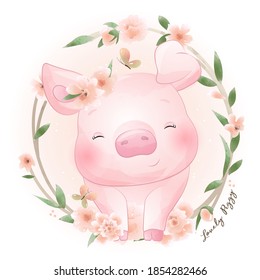 Cute doodle piggy with floral illustration