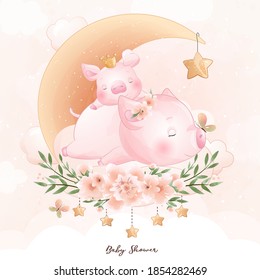 Cute doodle piggy with floral illustration