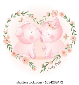 Cute doodle piggy with floral illustration