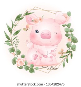 Cute doodle piggy with floral illustration