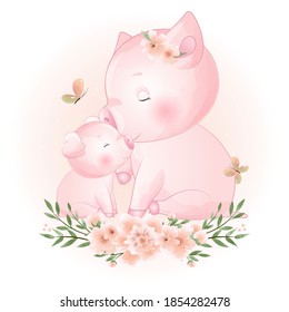 Cute doodle piggy with floral illustration