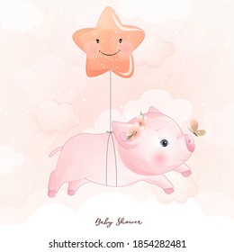 Cute doodle piggy with floral illustration