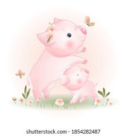 Cute doodle piggy with floral illustration