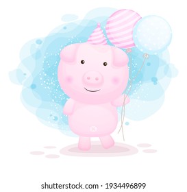 Cute doodle piggy holding balloons cartoon illustration Premium Vector