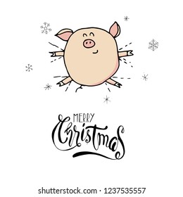 Cute doodle piggy lying in snow making an angel. Symbol of 2019 year. Winter holidays. New year, christmas calligraphy. Hand written modern brush lettering. Hand drawn design elements. Festive card.