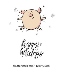 Cute doodle piggy lying in snow making an angel . Symbol of 2019 year. Winter holidays. New year, christmas calligraphy. Hand written modern brush lettering. Hand drawn design elements. Festive card.