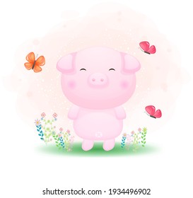 Cute doodle piggy playing with butterfly on the grass cartoon illustration Premium Vector