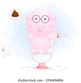 Cute doodle piggy sitting on toilet cartoon character Premium Vector