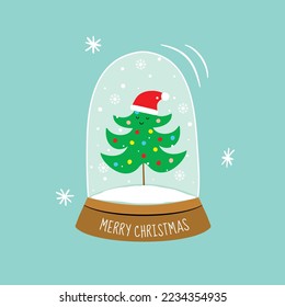 Pino de doodle lindo en el sombrero de Santa Claus en el globo de nieve. Feliz Navidad Feliz Año Nuevo plantilla de tarjeta de saludo en estilo retro vintage