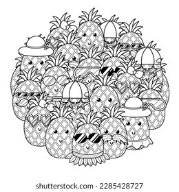 Cute doodle pineapples circle shape coloring page. Doodle black and white mandala with tropical fruit. Pineapple characters in sunglasses and hats. Vector illustration