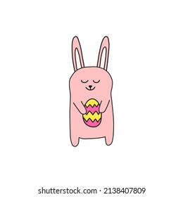 Cute doodle pink Easter bunny with egg isolated on white background.